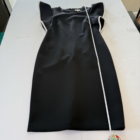 Calvin Klein Black White Piped Ruffle‎ Stretch Scuba Knit Sheath Dress Size 12 - Picture 8 of 10